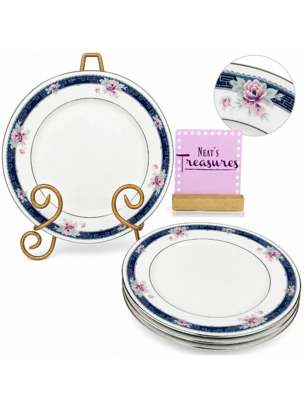 80's Noritake GRANVILLE Contemporary Blue Pink Flower China Salad Plates Set 4